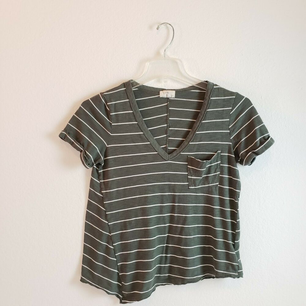 T.La Anthropologie Pocket Tee T-Shirt V-Neck Cuffed Green Riley Asymmetrical XS